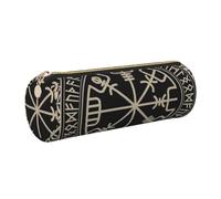 Cykazhst Magical Design Norse Runes Compass Leather Pencil Case Pencil Pouch Cute Zippered Pen Case for Work & Office Gold