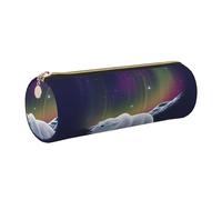 Cykazhst Northern Lights Polar Bear Leather Pencil Case Pencil Pouch Cute Zippered Pen Case for Work & Office Gold
