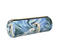 Cykazhst Polar Bears Northern Lights Leather Pencil Case Pencil Pouch Cute Zippered Pen Case for Work & Office Gold