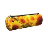 Cykazhst Sunflower Field On Bright Sunshine Leather Pencil Case Pencil Pouch Cute Zippered Pen Case for Work & Office Gold