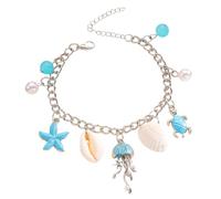 Cykdohy Bohemian Seashell Jellyfish Charm Bracelet Summer Beach Statement Blue Enamel Starfish Turtle Pearl Pendant Adjustable Link Boho Ocean Jewelry for Women