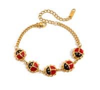 Cykdohy Cute Ladybug Beaded Stainless Steel Bracelet for Women Lucky Charm Stackable Aesthetic Insects Red Black Enamel Beetle Charms Sweet Gold-Plated Adjustable Chain Bangle Fashion Holiday Jewelry