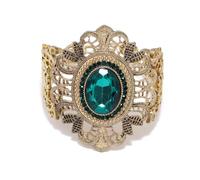 Cykdohy Vintage Green Rhinestone Large Flower Stretch Wide Bangle Bracelet for Women Oxidized Antique Gold Crystal Hollow Pattern Chunky Statement Elastic Bracelets Party Prom Hand Wrist Jewelry