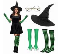 Cylanta 6pcs Halloween Witch Costume Set Include Witch Hats, Green Claw Gloves, Striped Socks & Glasses, Dress-Up Accessories for Woman Cosplay Props Role Playing Party