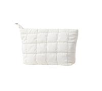 CYLDHMMakeup Bag Glossy Black Square-Grid Puffy Quilted Cosmetic with Tone Zipper Pulls-White