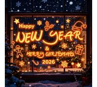 Cyleibe Glowing Merry Christmas Happy New Year Window Stickers for Party Decorations 2026, Blinking Windows Cling Stickers for Christmas Eve & New Year Eve Party Decorations 2026