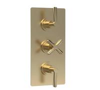 Cylin 2 Outlet Triple Handle Thermostatic Shower Valve Brushed Brass | Brushed Brass, Concealed, 3 Lever And Crosshead Handles, 2 Outlets, Thermostatic, Brass, 0.1 Bar Minimum