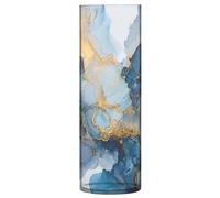 Cylinder Vase, Clear Plastic Flower Vase, Shallow Blue Gold Ink Painting Print Modern Decoration Vases, Easy to Clean, for Homes, Offices, Kitchens