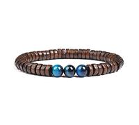 Cylindrical Wood Beads with Natural Stone Bracelet for Men Women Elastic Rope Jewelry Yellow Tiger Eye Stone and Wooden Bangle,Blue Tiger Eye,17cm-6.7inch