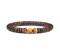 Cylindrical Wood Beads With Natural Stone Bracelet For Men Women Elastic Rope Jewelry Yellow Tiger Eye Stone And Wooden Bangle,Tiger Eye Stone,17cm-6.7inch