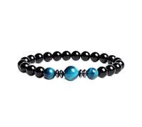 CYLRWSR Natural Stone Beads Handmade Bracelets Black Agates With Three Tiger Eye Crystal Elastic Bracelet Women Men Yoga Gifts, 19cm, Stone, Agate
