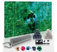 Cylvenor 24"x14" MTG Playmat with Storage Tube & 16-Piece Dice Set - Non-Slip Rubber TCG Card Game Mat, Stitched Edges Tabletop Gaming Mat (Green, Basic Lands Series)