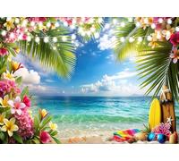 CYLYH 7x5ft Summer Hawaii Beach Photography Backdrop Tropical Palm Trees Blue Sky Ocean Surfboard Flowers Background Colorful Tropical Flowers Decorations Background D907