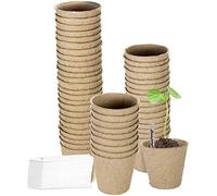 Cymax 100 Pack 8cm Round Fibre Pot Seed Seedling Pot with 100pcs Plastic Plant Lables, Biodegradable Herb Plant,Flower,Seed Starter Pots Kits, Garden Germination Nursery Pot