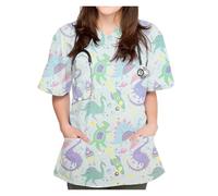 CYMMIYT Nurse scrubs Surgical Uniform Woman Cute Dinosaur Cartoon Print Surgical Uniforms V-Neck Short Sleeve Pet Top Women's Surgical Scrubs(Color9,M)