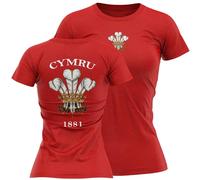 Cymru Badge Womens T Shirt Front and Back Prince of Wales Tee Ladies Welsh Rugby Supporter Top, S, Red