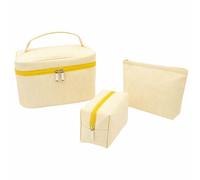 Cymwer 3 Pack Women Cute Seersucker Cosmetic Pouch Sets Large Capacity Stripe Pattern Cosmetic Bag Kit Lightweight Preppy Small Makeup Purse Travel Carrying Package (Yellow) (Style 1)