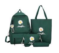 Cymwer 4pcs Canvas Backpack Daisy Print for Teens Girls Bookbag with Multi-Pocket Students Knapsack with Zipper Schoolbag (Army Green)