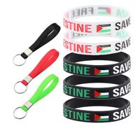 Cymwer 8Pcs Rubber Stretch Bracelets with Free Palestine Save Gaza Slogan Free Palestine Wrist Band & Key Ring Set Elastic for Awareness Motivation