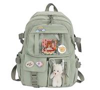 Cymwer College Student Rucksack Fashion Travel Bookbags Nylon with Plush Pendant Pin Cute Kawaii Large Capacity for Teen Girls (Green)