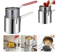 Cymwer Deep Fat Fryer Set with Strainer Basket and Extended Handle, Stainless Steel Tempura Small Deep Frying Pan Portable Cooking Pot Chicken Fried Cooking Tools