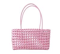 Cymwer Solid Color Weave Tote Bag with Handle Simple Woven Shoulder Bag Handheld Picnic Basket Hollow Woven Shoulder Purse for Outdoor Fruit Picking Flower Arranging (Pink)