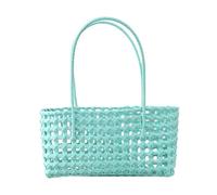Cymwer Solid Color Weave Tote Bag with Handle Simple Woven Shoulder Bag Handheld Picnic Basket Hollow Woven Shoulder Purse for Outdoor Fruit Picking Flower Arranging (Light Blue)