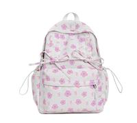 Cymwer Women Nylon Floral Print Backpack with Pendant Sweet Bow Student School Bag Multi-Pockets Large Capacity Lightweight Preppy Knapsack Outdoor Travel Trip Backpacks(White) (白色 360 * 270 * 130)
