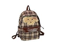 Cymwer Women Nylon Tartan Plaid Print Bag Large Capacity Aesthetic | Cymwer Nylon Laptop Backpacks Large Capacity Tartan Print Bag with Puppy Decoration Faux Leather Front Pocket Adjustable