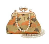 Cymwer Women Retro Embroidered Crane Clutch Bags Multi-Purpose Pearl Beaded Chain Shoulder Bag Elegant Seashell Evening Pouch Outdoor Travel Parties Dating Handbag (Yellow) (Yellow 220 * 160 * 80)