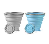 CYMYGS 2 Pack Silicone Foldable Cups, 320ml Collapsible Cup, Portable Collapsible Travel Mugs with Plastic Sealing Lid, Reusable Retractable Cups for Outdoor Traveling Camping Picnic(Blue and Grey)