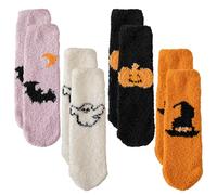 CYMYGS 4 Pair Halloween Fluffy Socks, Halloween Pumpkin Socks, Soft Warm Sock for Women, Sleeping Sock Winter Warm Supplies for Winter, Costume Accessories, Fun Gift for Halloween Party