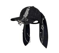 Cynefoa Y2k Grunge Hat Denim Bunny Ear Cap Distressed Baseball Cap Iron Ring Punk Kpop Outfits for Women Accessories Unisex(Black)