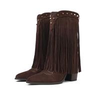 CYNLLIO Fringe Cowboy Boots for Women Cowgirl Western Mid Calf Pull On Boot Pointed Toe Chunky Heel Vaqueras Botas w/Embroidery Studded for Country Concert Rodeo, Brown, 4.5 UK