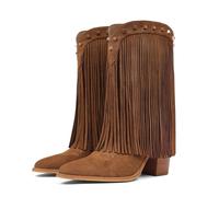 CYNLLIO Fringe Cowboy Boots for Women Cowgirl Western Mid Calf Pull On Boot Pointed Toe Chunky Heel Vaqueras Botas w/Embroidery Studded for Country Concert Rodeo, Yellow, 8 UK