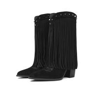 CYNLLIO Fringe Cowboy Boots for Women Cowgirl Western Mid Calf Pull On Boot Pointed Toe Chunky Heel Vaqueras Botas w/Embroidery Studded for Country Concert Rodeo, Black, 5 UK