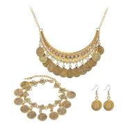 CYNOSURETECH 1 Coin Necklace, 1 Bracelet, 1 Pair of Tassel Earrings, Bohemian Style, Pirate Dress Accessories, Coin Clavicle Chain, Carnival Women's Accessories (Gold)