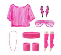 CYNOSURETECH 1 Complete Mesh Party Suit, Off Shoulder Mesh Shirt, 80's, 90's Clothes for Women, Party Clothes for Women, Period Accessories, Retro Carnival Outfits (Rose Red)