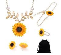 CYNOSURETECH 5 Piece Sunflower Jewelry Set, Sunflower Jewelry, Flower Necklace Ring, Sunflower Gold Plated Earrings, Sunflower Decoration for Women (Gold)