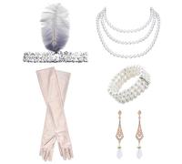 CYNOSURETECH 5 Piece Vintage Women'S Clothing, 1920S Accessories Set, Stylish Pearl Accessories, Roaring 20S Themed Set For Carnivals, Music Festivals And Parties