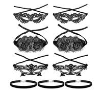 CYNOSURETECH 6 Pcs Lace Eye Masks And 3 Pcs Black Chokers, Sexy Eye Masks, Women'S Eye Masks, Masquerade Eye Masks, Party Costume Accessories