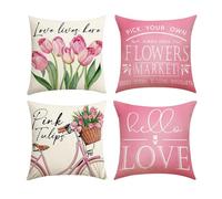 CYNOSURETECH Pack of 4 Tulip & Sofa Throw Cushion Covers - Pink, Beige Flower Designs, Decorative Living Room Pillow Covers (Inserts Not Included)