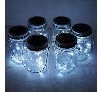 Cynzia Solar Mason Jar Lid Lights 6 Pack 10 LED Waterproof Fairy Star Firefly String Lights with 6 Hangers (Jar Not Included) for Mason Jar Garden Wedding Party Decor(Cold White)