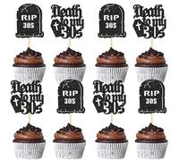 Cyodoos 24pcs Black Glitter Halloween Cupcake Toppers 30th Tombstone Birthday Halloween Themed Party Cake Decorations