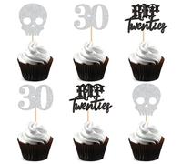 Cyodoos 24pcs Black Glitter Halloween Cupcake Toppers Silver Glitter 30th Birthday Halloween Themed Party Cake Decorations