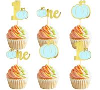 Cyodoos 24Pcs Blue Glitter Pumpkin Cupcake Toppers 1st Pumpkin Cupcake Picks Little Pumpkin Baby Shower Decorations Fall Harvest Theme Baby Shower Kids Birthday Party Supplies