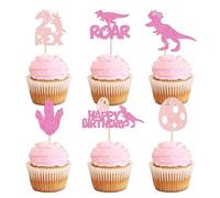 Cyodoos 24PCS Dinosaur Cupcake Toppers 1 Rex Dinosaur Cupcake Picks Happy Birthday Roar Two Years Old Dino Theme Baby Shower Birthday Party Cake Decorations Supplies Pink