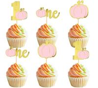 Cyodoos 24Pcs Pink Glitter Pumpkin Cupcake Toppers 1st Pumpkin Cupcake Picks Little Pumpkin Baby Shower Decorations Fall Harvest Theme Baby Shower Kids Birthday Party Supplies