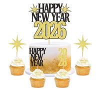 Cyodoos 25pcs 2026 Happy New Year Cupcake Topper Golden Glitter New Year Eve Party Congratulation Cake Decorations