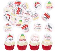 Cyodoos 40 Pcs Edible Happy Christmas Cupcake Toppers Selection Christmas Holiday Theme Festival Baby Shower Birthday Party Cake Decoration